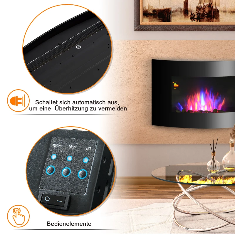 HOMCOM Elektrische kachel elektrische wandhaard haardkachel LED kiezelstenen roestvrij staal 1800 W warmte(m-7)