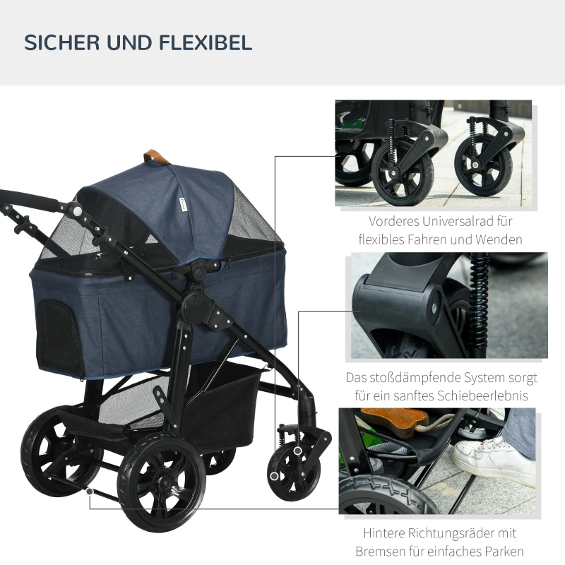PawHut 2-in-1 design hondenbuggy, opvouwbare hondentas, donkerblauw