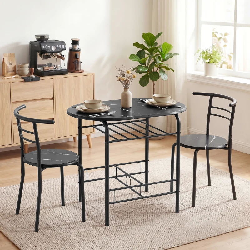 HOMCOM Eetset 3-delig, keukentafel en stoelen voor 2 personen met rek, woonkamer, zwarte marmerlook