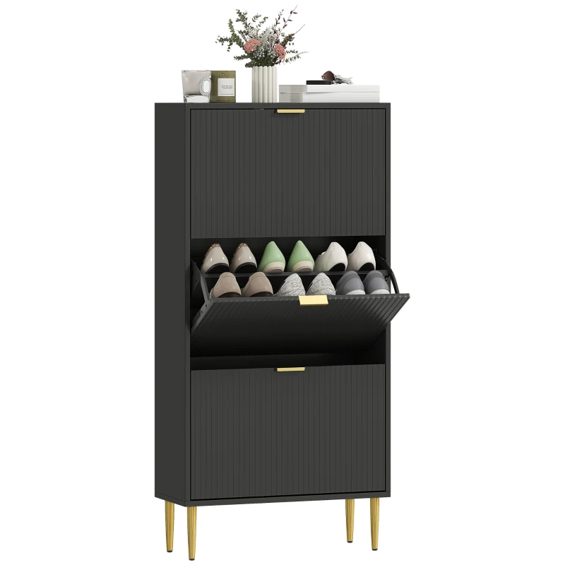 HOMCOM Meuble à chaussures 18 paires avec 3 tiroirs rabattables, portes cannelées et étagères réglables, 60x24x122,5cm, noir
