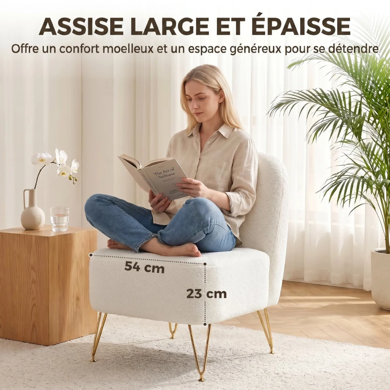 HOMCOM Fauteuil Salon Sans Accoudoirs, Fauteuil d'Appoint Rembourré en Tissu Bouclette, Coussin Épais, Assise Large, Blanc