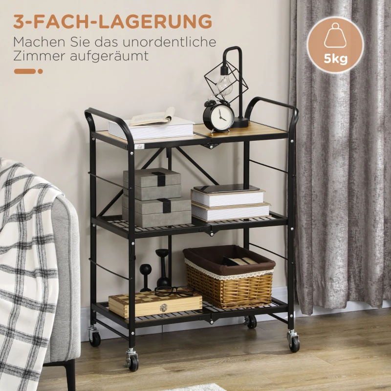 HOMCOM Keukenwagen in industrieel design met 3 schappen, multifunctionele trolley, serveerwagen, 4 wielen, opvouwbaar, bruin+zwart