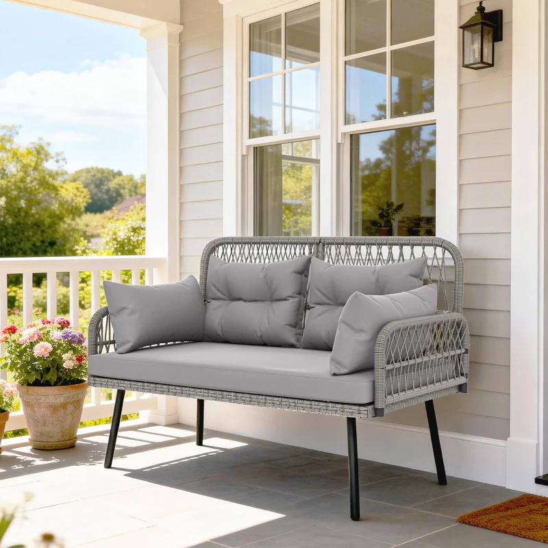 Outsunny Canapé de jardin avec coussins et oreillers 2 places en résine tressée, canapé d'extérieur avec accoudoirs gris foncé