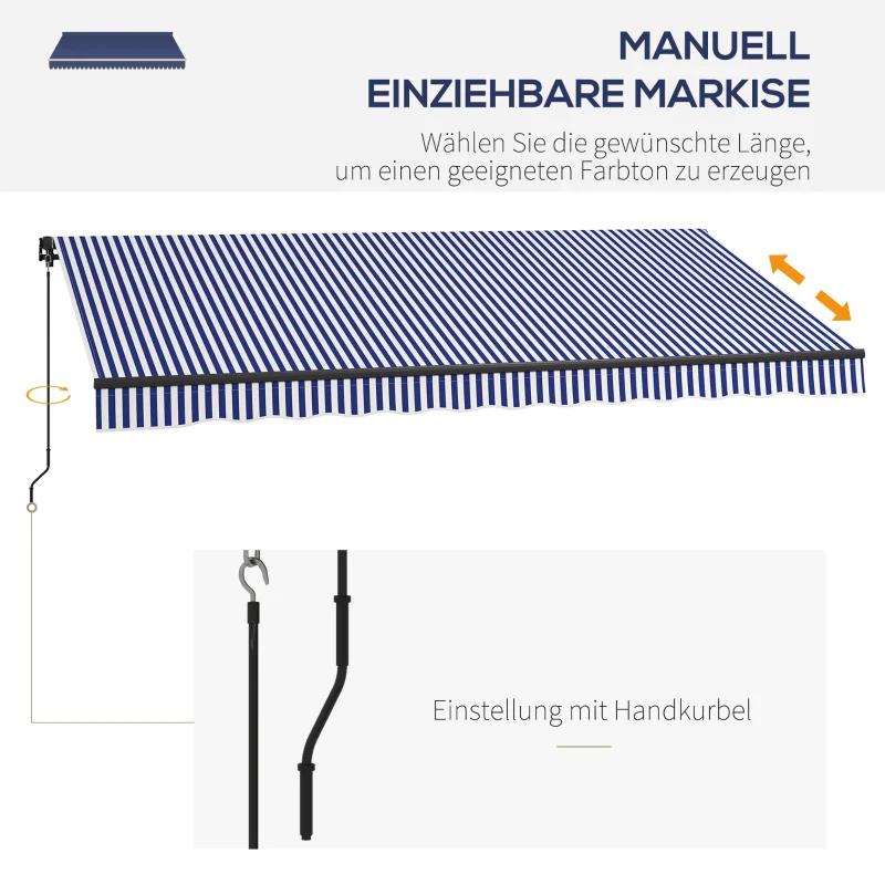 Outsunny Terraszonnescherm - Zonnescherm voor terras, inclusief handkruk, weerbestendig, 365 cm x 300 cm, Blauw + Wit