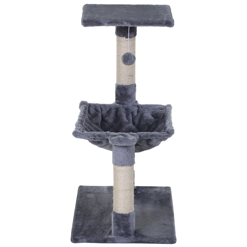 PawHut Kattenboom 3 verdiepingen krabpaal kattenbed met hangmat sisal paal pluche grijs(m-7)