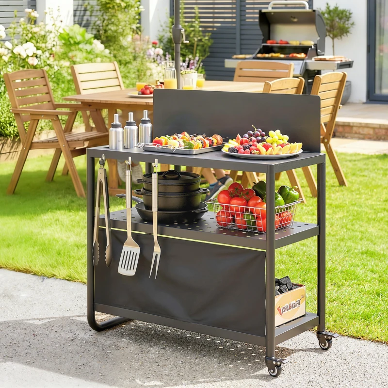 Outsunny Chariot de Barbecue Desserte de Jardin Mobile avec Pare-vent 3 Niveaux Rideau Oxford 100x46x110cm Noir