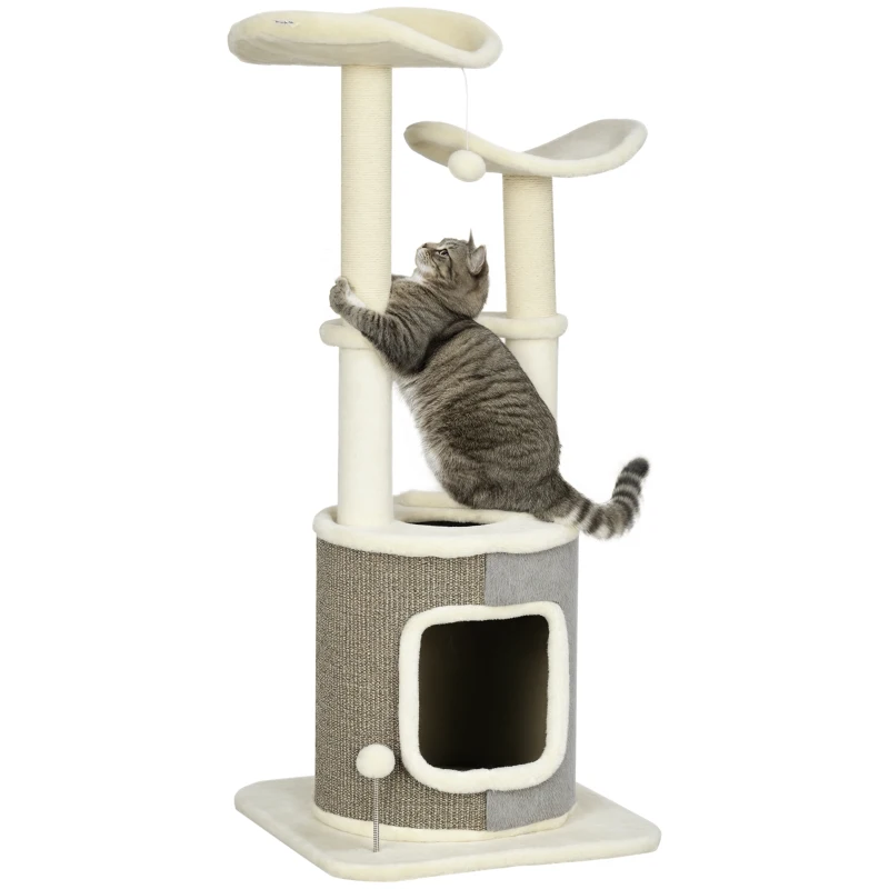 PawHut kattenboom met kattengrot, twee platforms, twee krabpalen, pluche hoes, roomwit, 48 x 48 x 110 cm