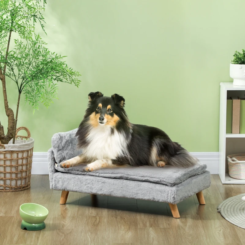 PawHut Hundebett, Hundesofa, waschbarer Plüschbezug, bis 20 kg, 80 x 50 x 40 cm, Hellgrau(m-2)