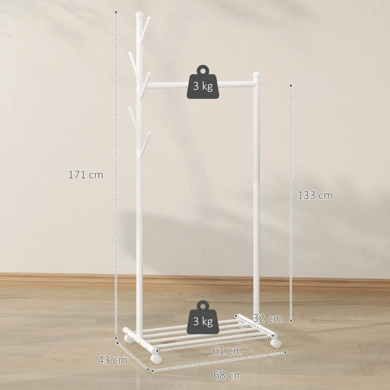 HOMCOM Portant à vêtements, porte-manteau sur roulettes avec étagère à chaussures et 5 crochets, 68 x 43 x 171 cm, blanc