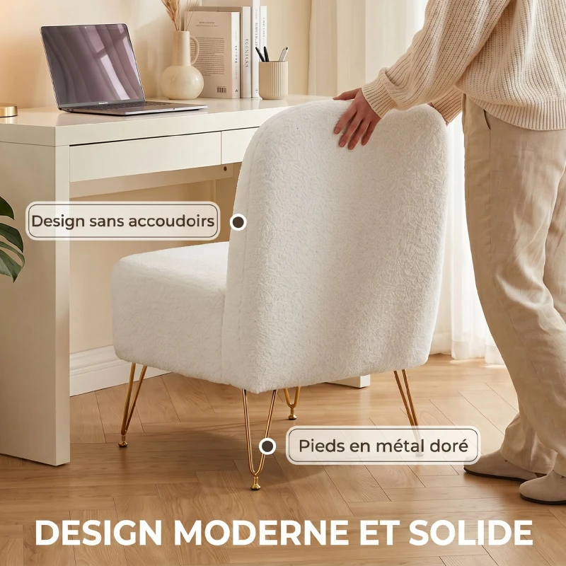 HOMCOM Fauteuil Salon Sans Accoudoirs, Fauteuil d'Appoint Rembourré en Tissu Bouclette, Coussin Épais, Assise Large, Blanc