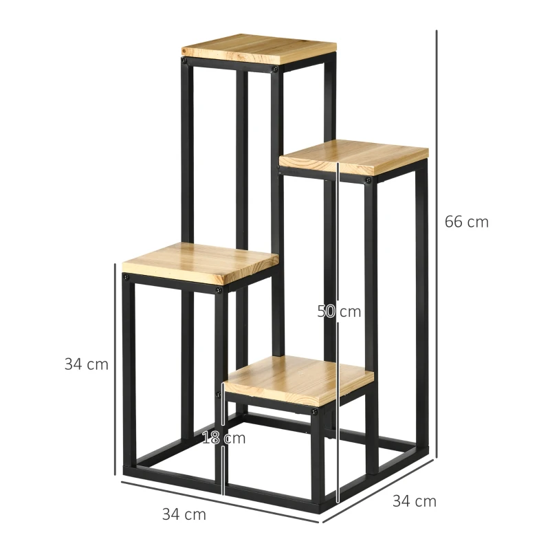 Outsunny plantenrek, bloementrap met 4 niveaus, plantenstandaard op meerdere niveaus, plantenstandaard voor tuin, balkon, hout, naturel, 34 x 34 x 66 cm