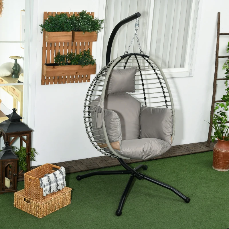 Outsunny Hangstoel, zit- en rugkussen, opvouwbare zitmand, bekerhouder, metalen frame, grijs