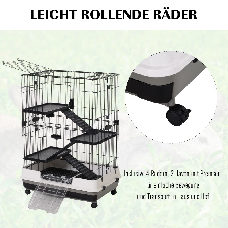 PawHut Kooi voor kleine huisdieren konijnenhok met 4 wielen kooi, 3 openingen 2 platforms metaal zwart