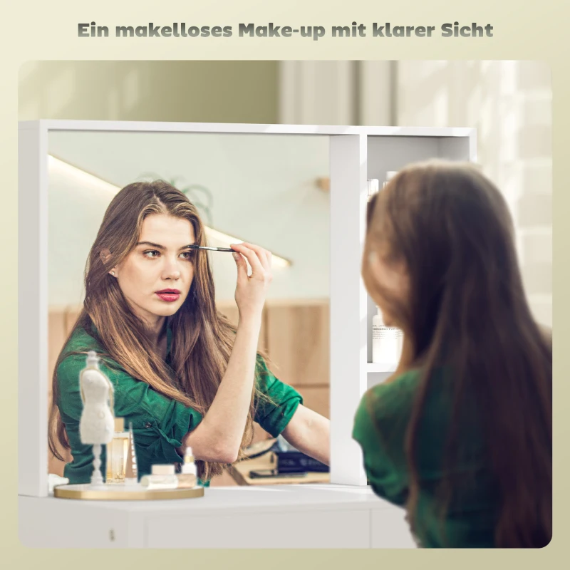 HOMCOM Schminktisch, Make-up-Tisch mit großem Spiegel, 4 Schubladen, 3 offene Fächer, 2 Schränke, MDF, Weiß(m-5)