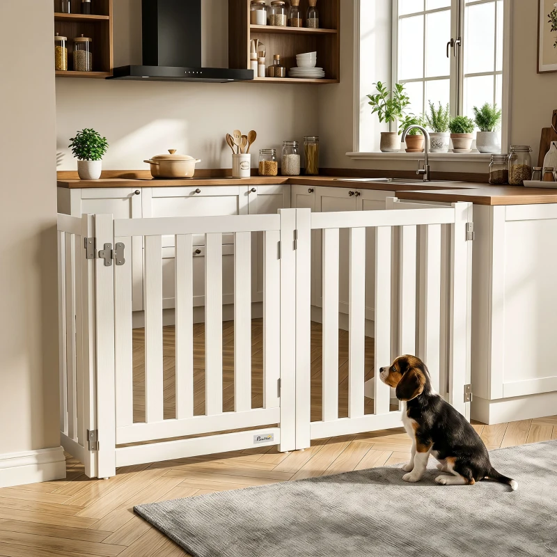 PawHut Barieră de Siguranță pentru Câini Pliabilă pe Ambele Părți din Lemn, 4 Panouri cu Ușă, Picioare de Suport, 205 x 60 cm, Alb