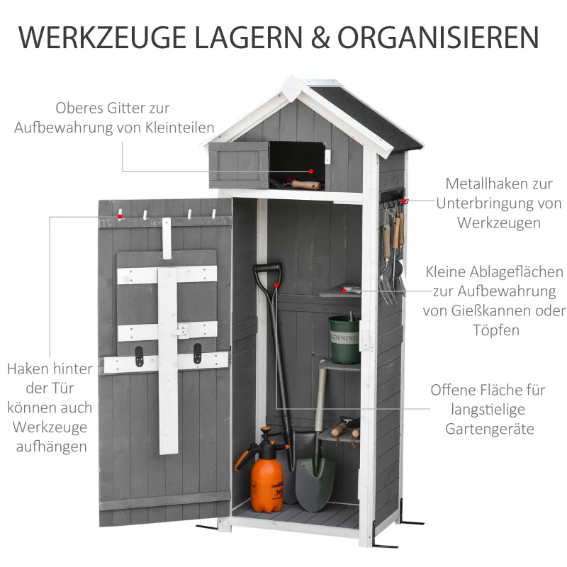 Outsunny gereedschapsschuur met deur dak gereedschapsschuur klaptafel grijs vurenhout(m-7)