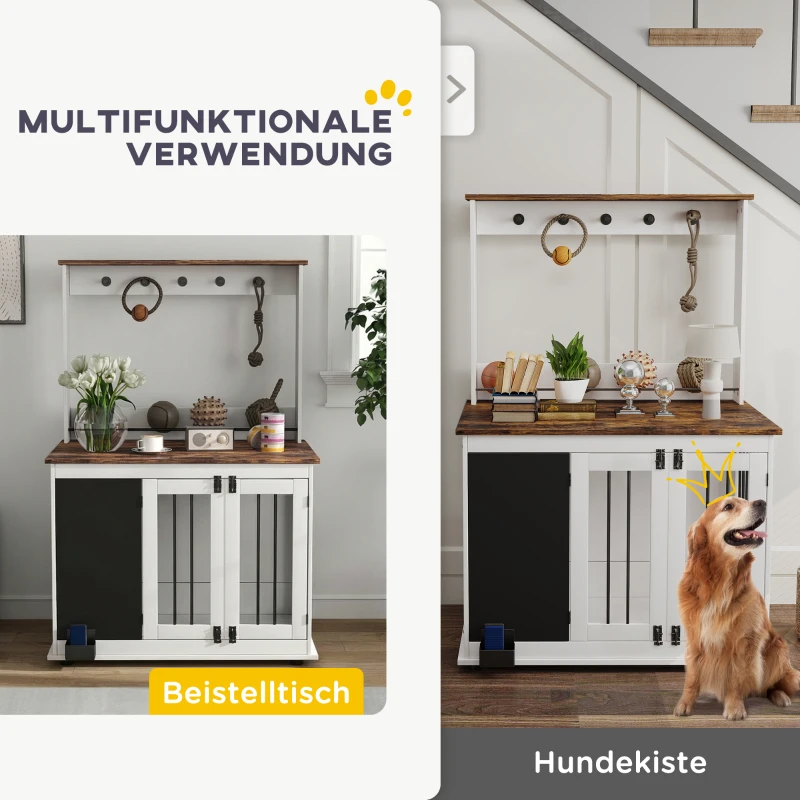 PawHut Hondenkooi voor thuis, hondenbox met 3 deuren, opbergrek voor speelgoed, hondenhuis met haken, krijtbord en gum, geschikt voor grote honden, wit(m-4)