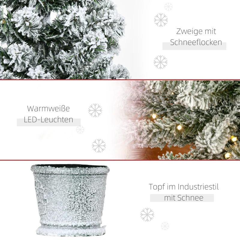 HOMCOM Mini-kerstboom Ø40x90 cm, Kunst Sneeuw, 60 LEDs, Brandvertragend, Kunststof, Groen/Wit