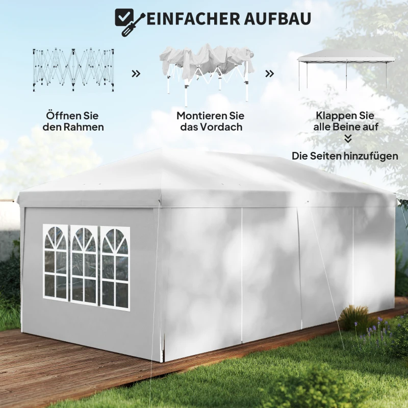 Outsunny Vouwtent van 6 x 3 m, verwijderbare zijwanden, grote ramen, deuren met ritssluiting, stalen frame, wit