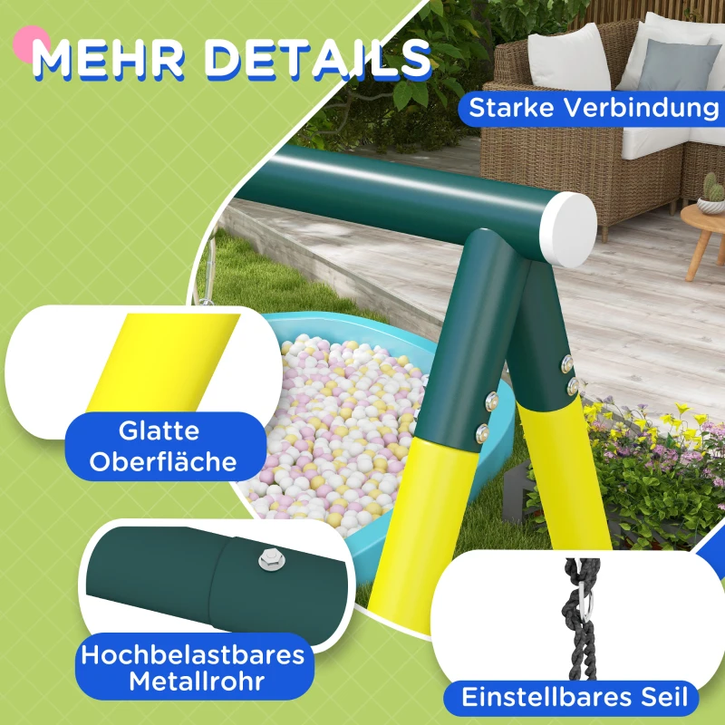 Outsunny Kinderschaukel-Set, 4 in 1 Schaukelgerüst Schaukelgestell mit 2 Schaukeln, Basketballkorb, Kletterleiter, Gartenschaukel für 3-8 Jahre Kinder, Stahl, Gelb