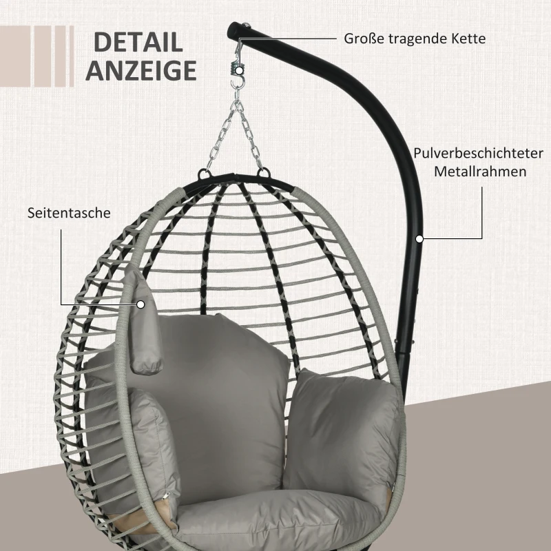 Outsunny Hangstoel, zit- en rugkussen, opvouwbare zitmand, bekerhouder, metalen frame, grijs