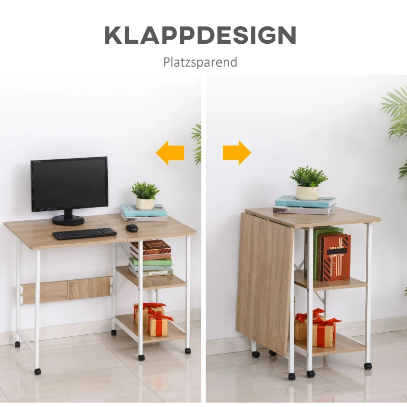 HOMCOM Klaptafel tafel bureau kantoortafel met wielen computertafel mobiel MDF natuur