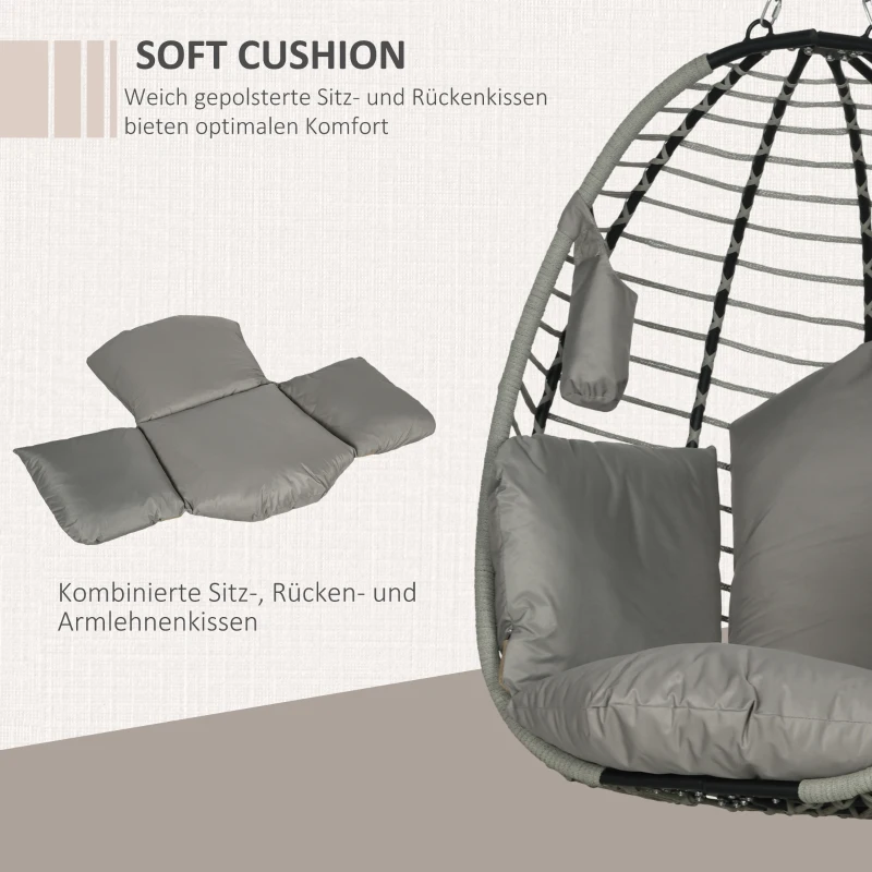 Outsunny Hangstoel, zit- en rugkussen, opvouwbare zitmand, bekerhouder, metalen frame, grijs