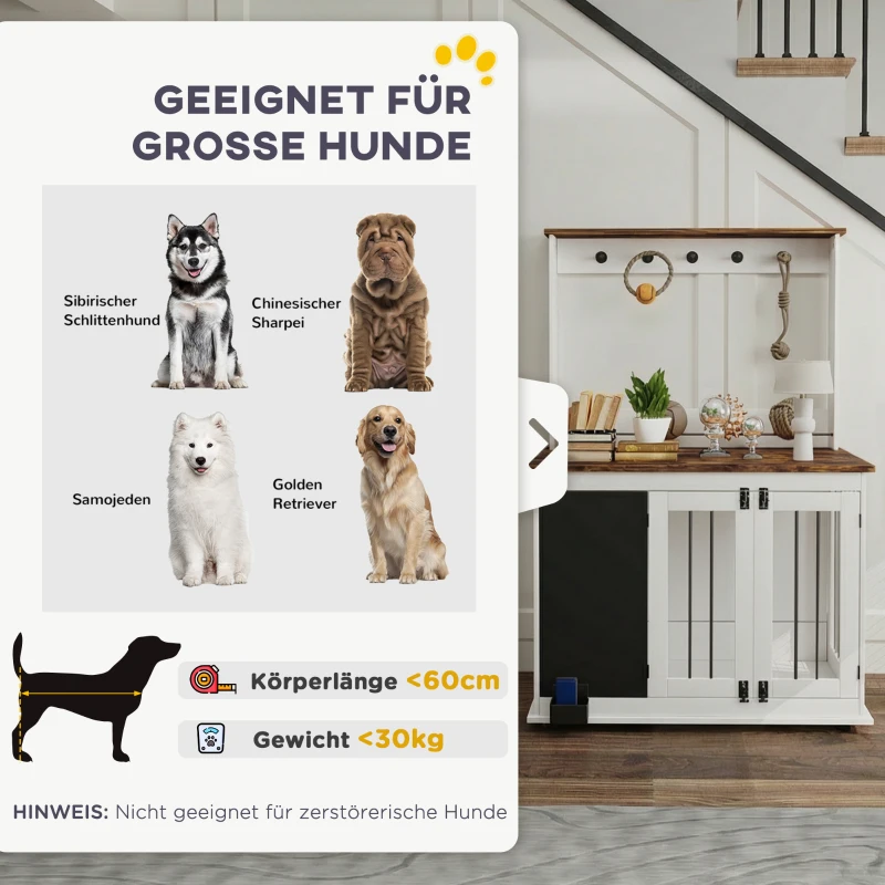 PawHut Hondenkooi voor thuis, hondenbox met 3 deuren, opbergrek voor speelgoed, hondenhuis met haken, krijtbord en gum, geschikt voor grote honden, wit(m-9)