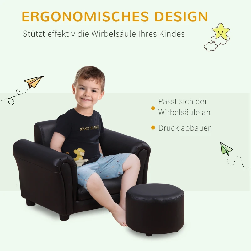 HOMCOM kinderstoel met poef, kinderbank kinderbank mini-bank voor 3-7 jaar kinderen kindermeubel hout zwart 54 x 42 x 41 cm