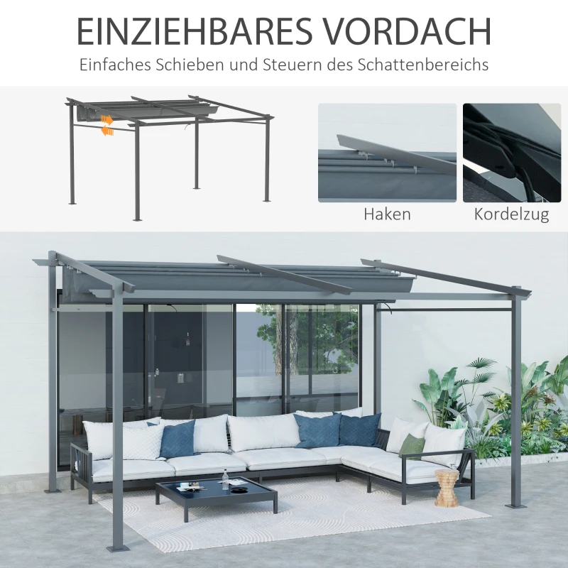 Outsunny Pergola, inklusive Befestigungsmaterial, ausziehbares Dach, 3,97 m x 2,95 m x 2,3 m, Dunkelgrau