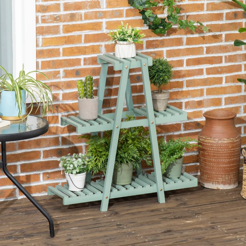 Outsunny plantenrek, bloemenrek met 3 treden, plantentrap voor 6 bloempotten, plantenstandaard voor tuin, balkon, hout, lichtgroen, 76 x 26 x 76 cm