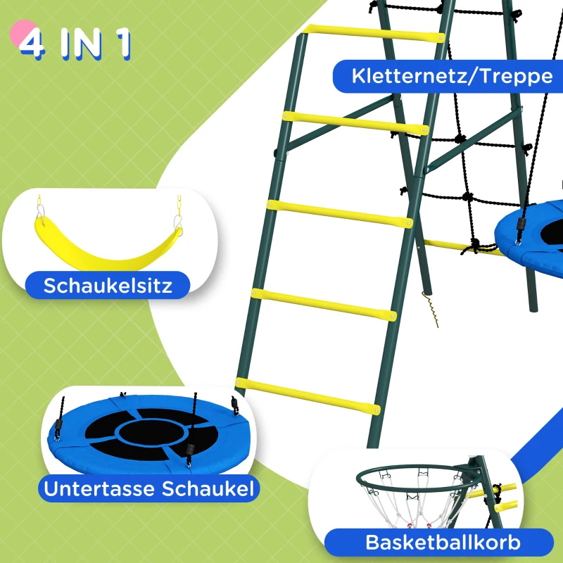 Outsunny Kinderschaukel-Set, 4 in 1 Schaukelgerüst Schaukelgestell mit 2 Schaukeln, Basketballkorb, Kletterleiter, Gartenschaukel für 3-8 Jahre Kinder, Stahl, Gelb