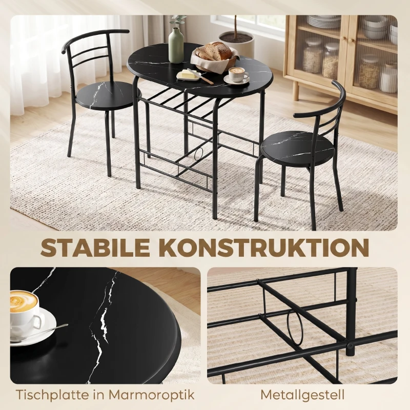 HOMCOM Eetset 3-delig, keukentafel en stoelen voor 2 personen met rek, woonkamer, zwarte marmerlook