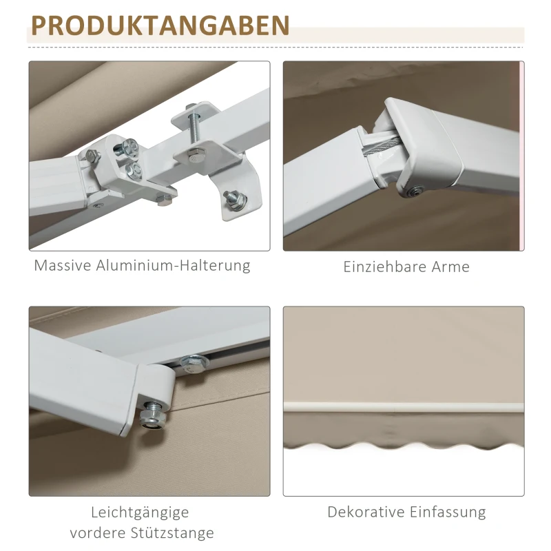 Outsunny handmatige knikarmluifel 395 cm luifel met handslinger balkonluifel zonwering wandmontage balkon aluminium wit + beige 395 x 245 cm | Aosom(m-8)