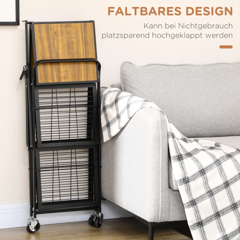 HOMCOM Keukenwagen in industrieel design met 3 schappen, multifunctionele trolley, serveerwagen, 4 wielen, opvouwbaar, bruin+zwart