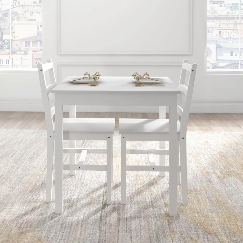 HOMCOM 3-delig Eettafelset Eetgroep Tafel met Stoelen, Grenenhout, Wit
