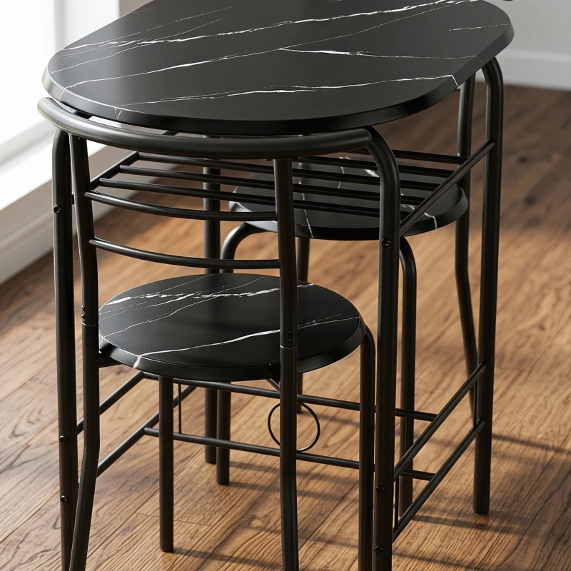 HOMCOM Eetset 3-delig, keukentafel en stoelen voor 2 personen met rek, woonkamer, zwarte marmerlook