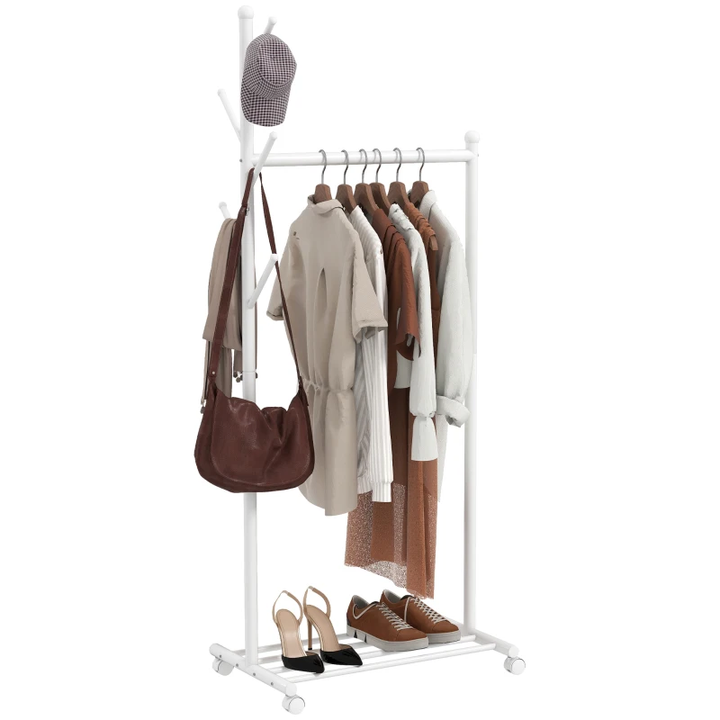 HOMCOM Portant à vêtements, porte-manteau sur roulettes avec étagère à chaussures et 5 crochets, 68 x 43 x 171 cm, blanc