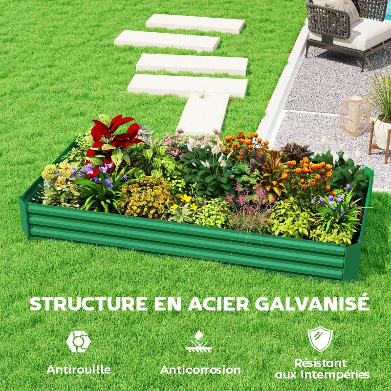 Outsunny Jardinière extérieure carré potager galvanisée avec bordure de sécurité et fond ouvert 240 x 120 x 30 cm vert