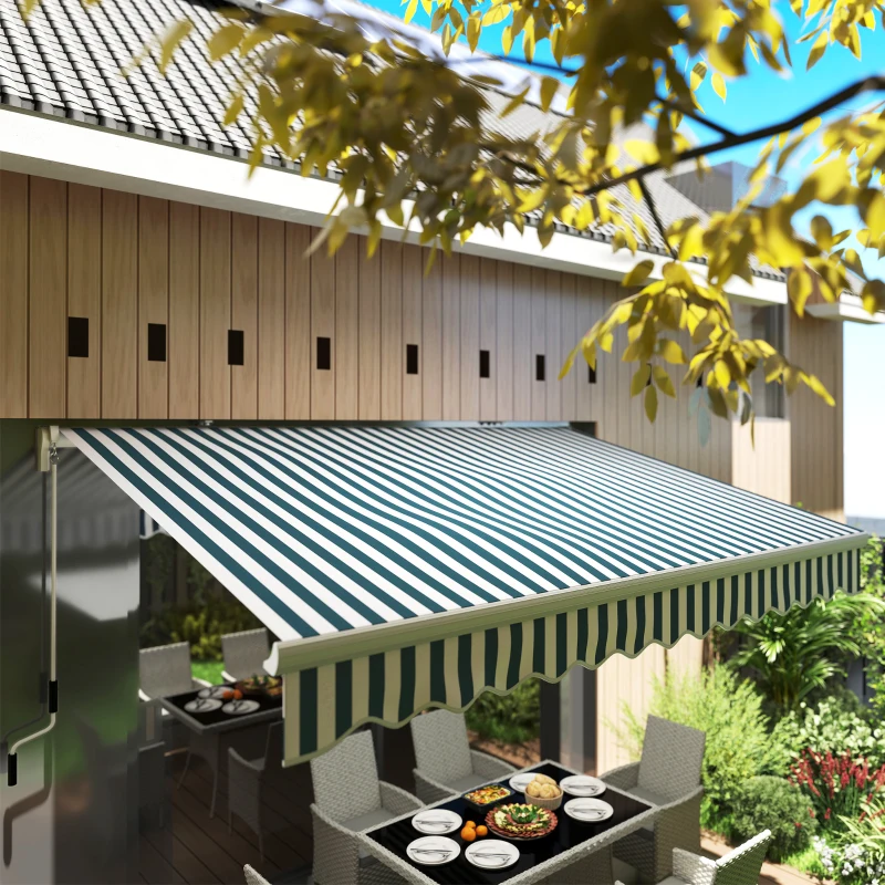 Outsunny handmatige knikarmluifel 395 cm luifel met handslinger balkonluifel zonwering wandmontage balkon aluminium wit, groen 395 x 245 cm | Aosom