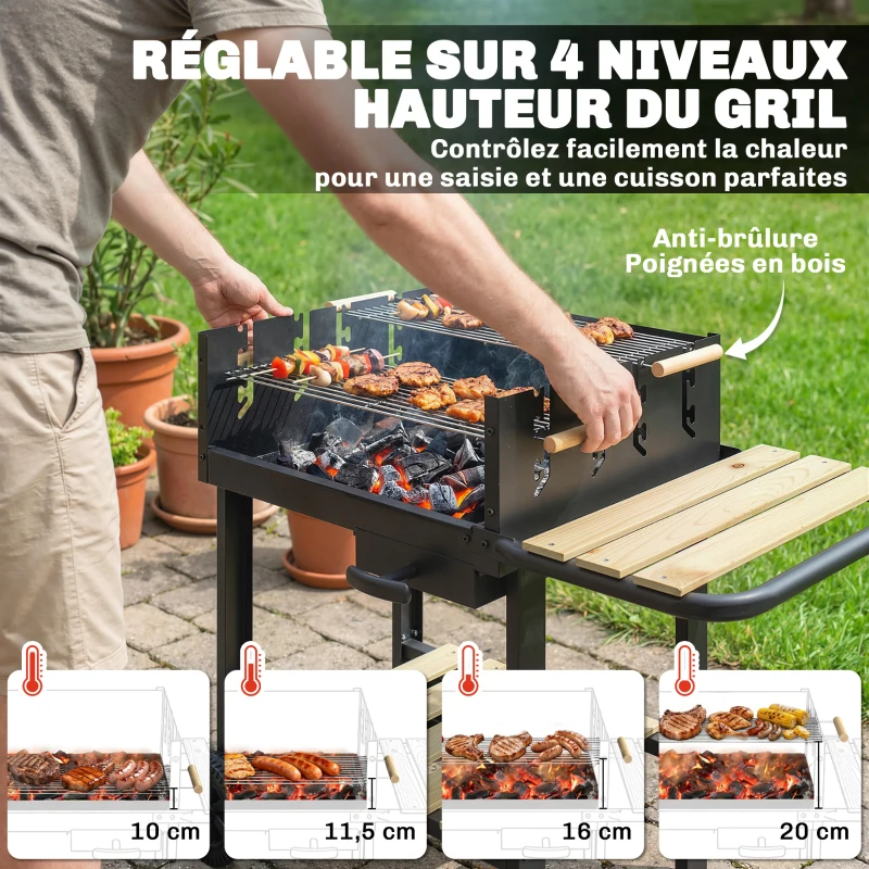 Outsunny Chariot à barbecue de bois avec 2 grilles réglables, barbecue au charbon de bois sur roulettes, tablette latérale, noir
