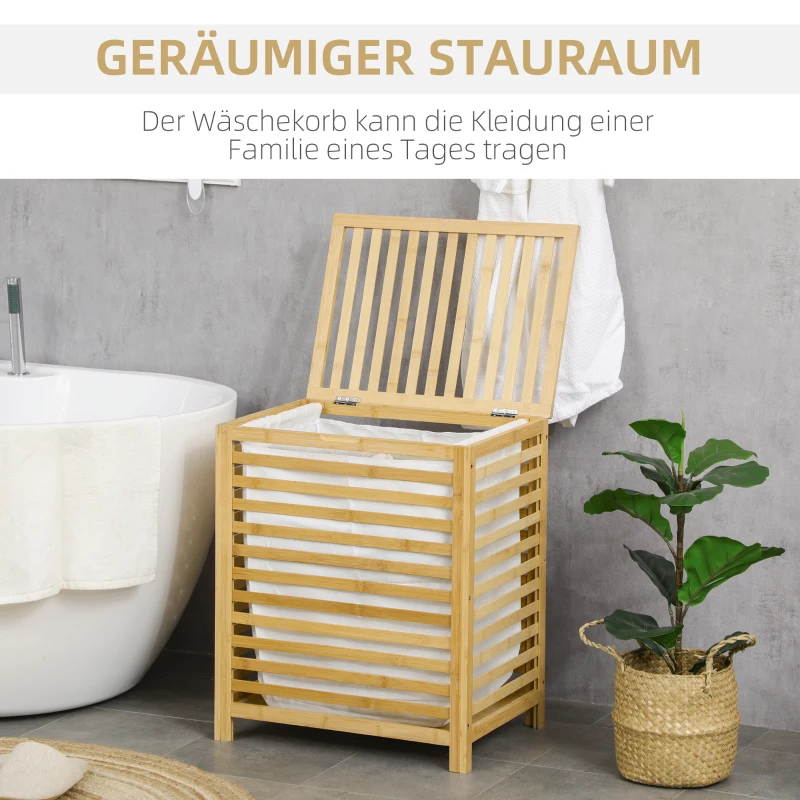HOMCOM Wasmand van bamboe, uitneembare waszak, waterafstotend, naturel + beige