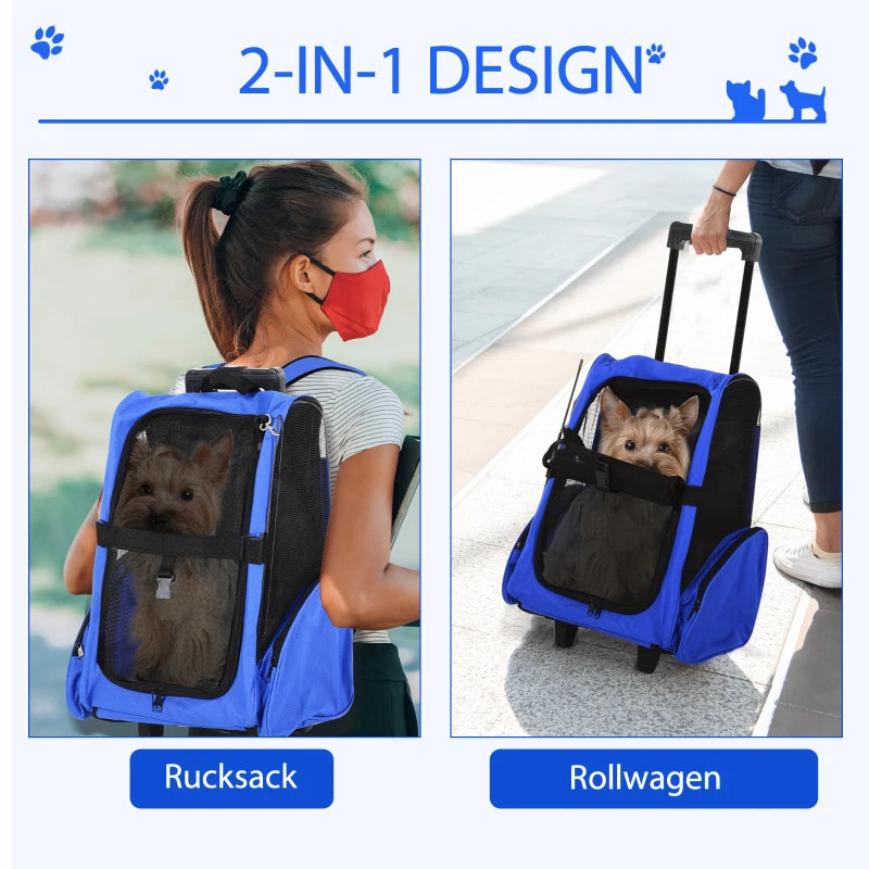 PawHut Hondentrolley transporttas draagtas dieren 2-in-1 rugzak trolley blauw