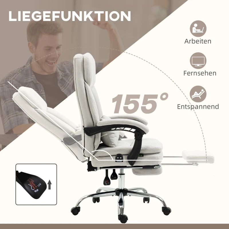 Vinsetto Bureaustoel met Massage- en Warmtefunctie, Ergonomisch, 66x67x110-118cm, Crèmewit(m-6)