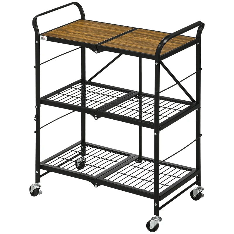 HOMCOM Keukenwagen in industrieel design met 3 schappen, multifunctionele trolley, serveerwagen, 4 wielen, opvouwbaar, bruin+zwart