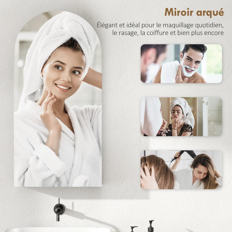 HOMCOM Armoire murale salle de bain avec miroir, meuble salle de bain sans cadre en arche et étagères en verre réglables, blanc