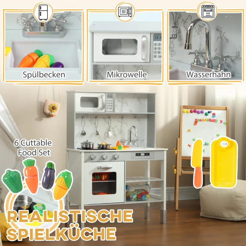 AIYAPLAY Kinderkeuken met elektrisch fornuis, magnetron, spoelbak & kraan | Speelkeuken met pannenset | Speelgoed voor jongens & meisjes 3-8 jaar | Wit