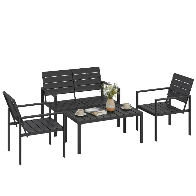 Outsunny Salon de jardin extérieur 4 pièces canapé 2 places, 2 chaises et table basse, mobilier de jardin terrasse veranda, noir
