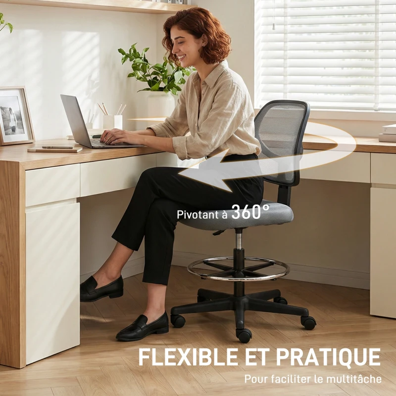 Vinsetto Chaise bureau ergonomique, fauteuil de bureau avec repose-pieds, chaise à dessin en maille, hauteur réglable, gris foncé