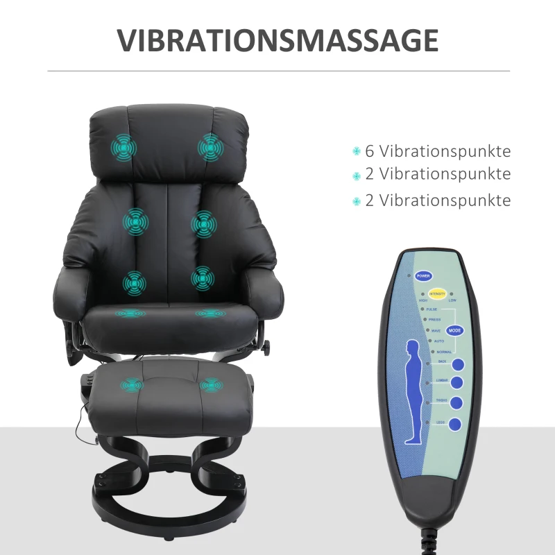 HOMCOM Massagestoel met voetenbank, 10 trilpunten, 145° verstelbare rugleuning, zwart